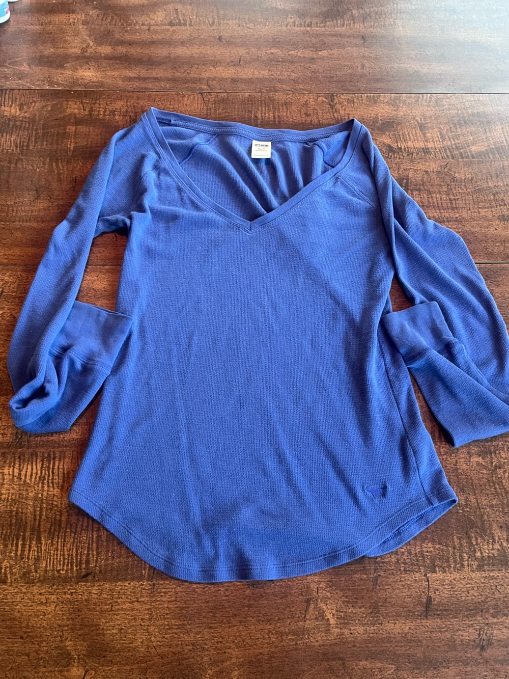 Y2K Victoria’s Secret PINK Thermal V Neck Top Blue Waffle Knit XS Long Sleeve